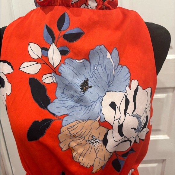 Rachel Roy Conchetta Red Floral Crepe High Low Ruffle Collar Dress Sz Large - Picture 5 of 10